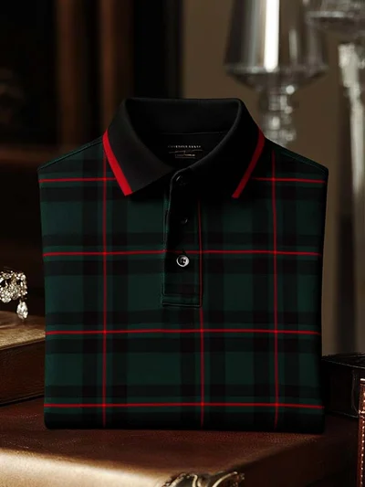 Men's Business Casual Plaid Button Short Sleeve Polo Shirt