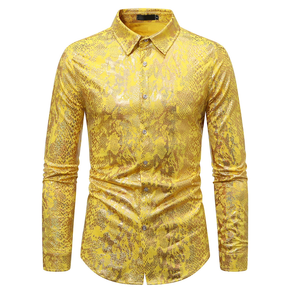 Men's fashionable shiny gold foil inlaid diamond lapel performance long sleeved shirt