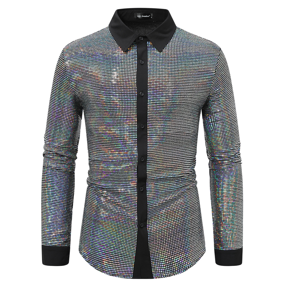 Men's fashionable shiny gold foil inlaid diamond lapel performance long sleeved shirt