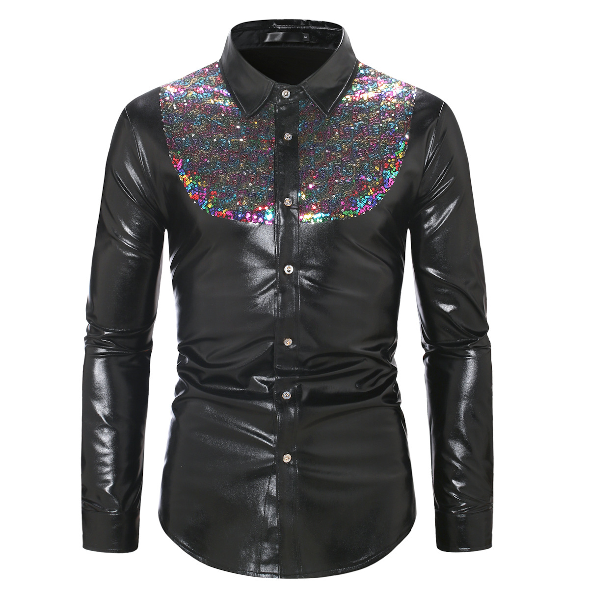 Men's fashionable shiny gold foil inlaid diamond lapel performance long sleeved shirt