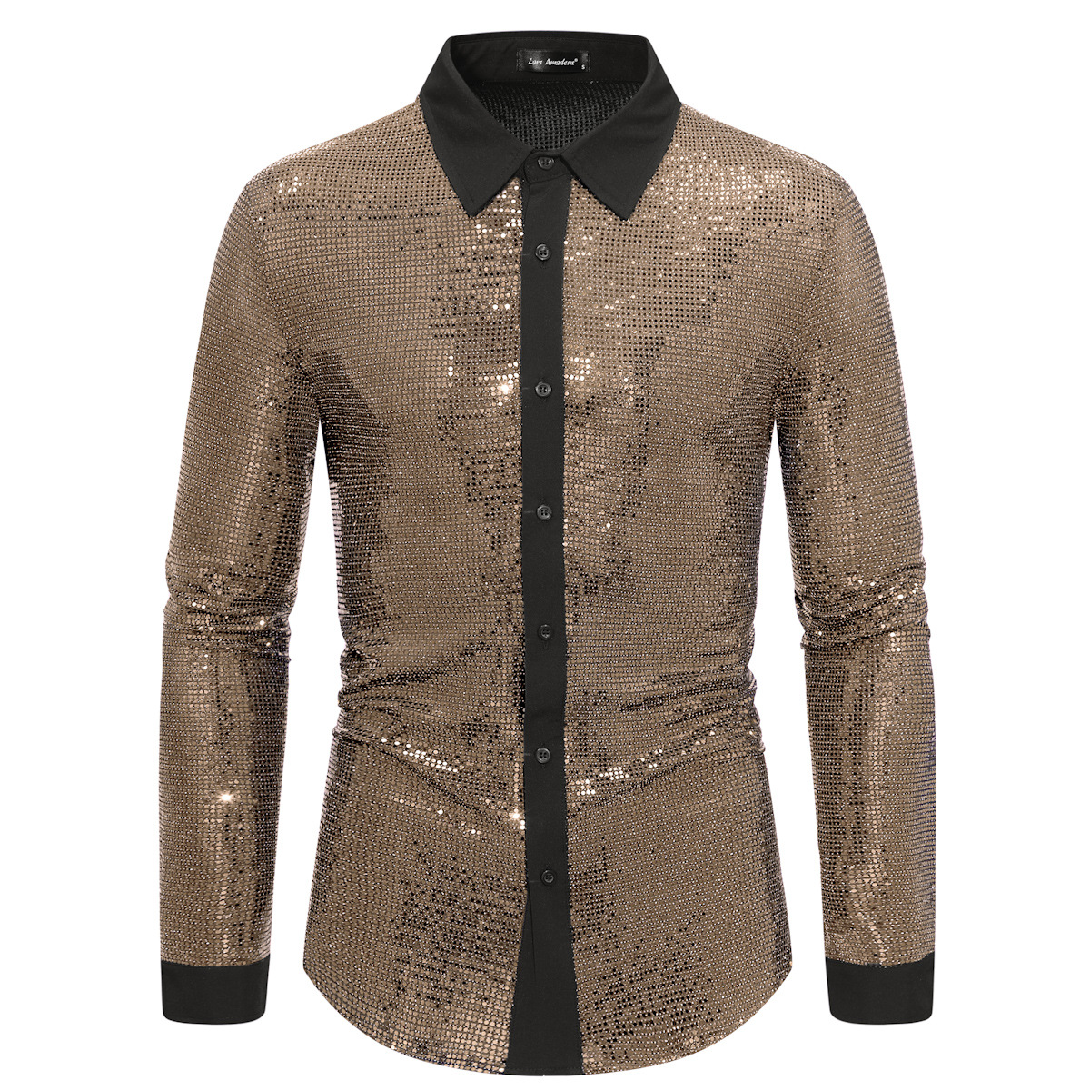 Men's fashionable shiny gold foil inlaid diamond lapel performance long sleeved shirt