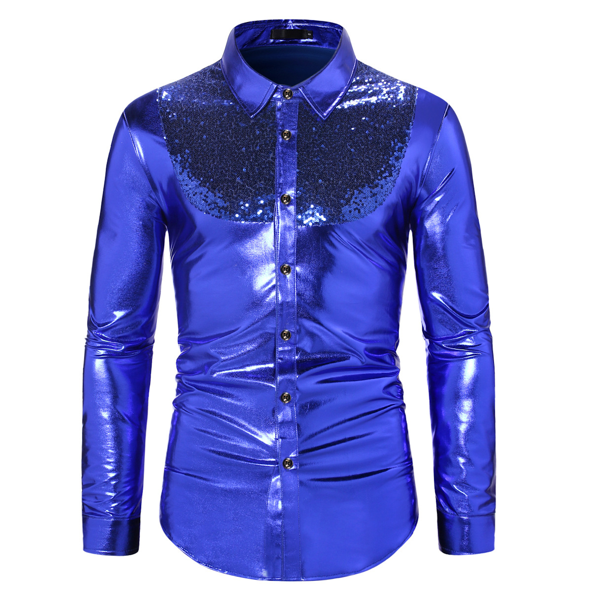 Men's fashionable shiny gold foil inlaid diamond lapel performance long sleeved shirt