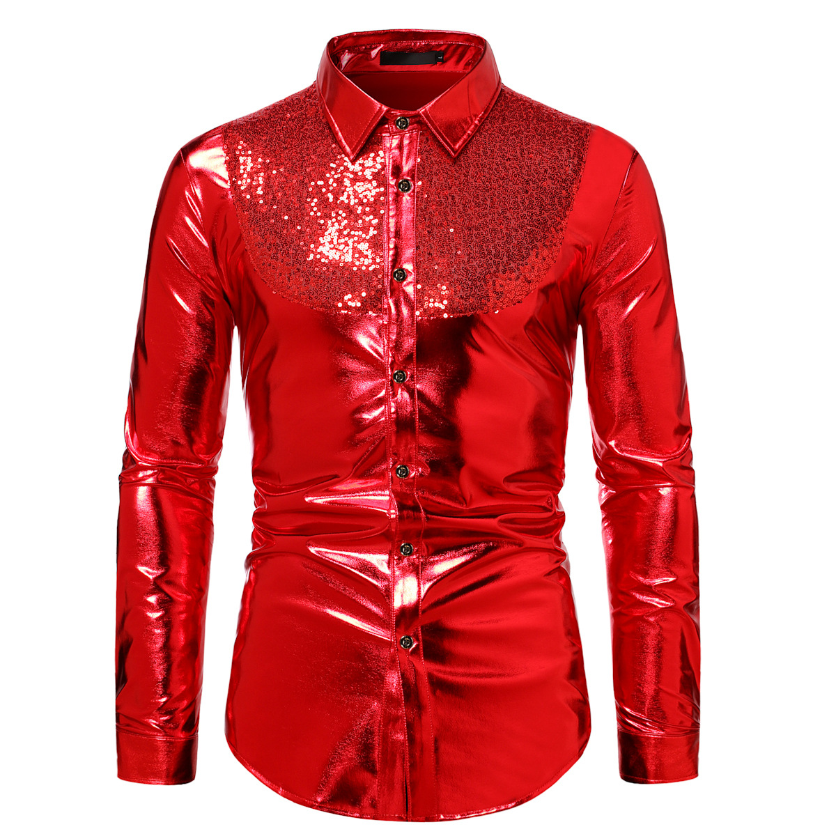 Men's fashionable shiny gold foil inlaid diamond lapel performance long sleeved shirt