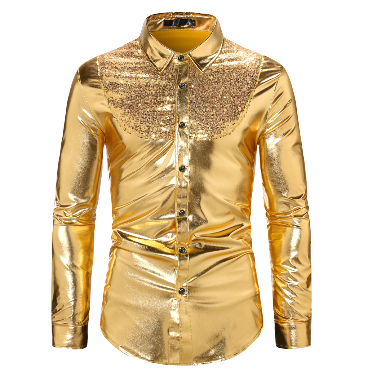 Men's fashionable shiny gold foil inlaid diamond lapel performance long sleeved shirt