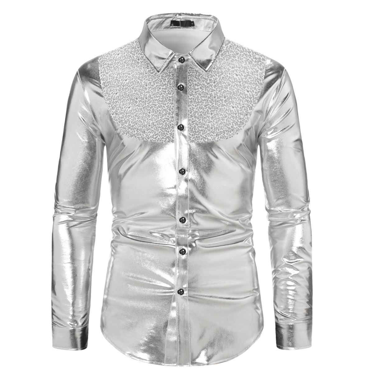 Men's fashionable shiny gold foil inlaid diamond lapel performance long sleeved shirt