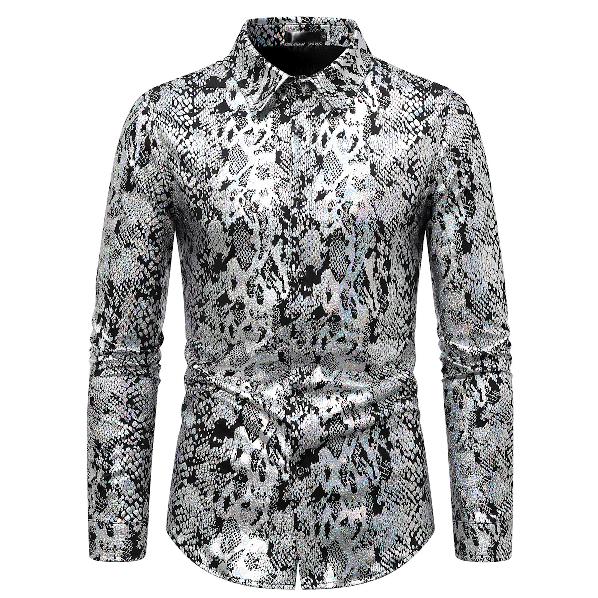 Men's fashionable shiny gold foil inlaid diamond lapel performance long sleeved shirt