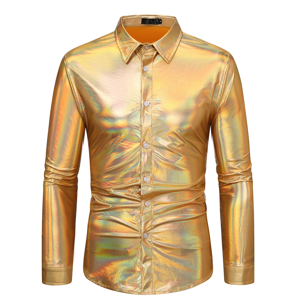 Men's fashionable shiny gold foil inlaid diamond lapel performance long sleeved shirt