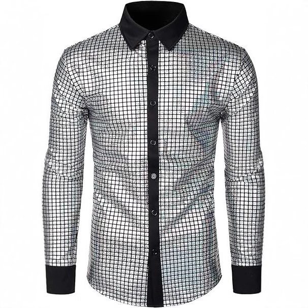 Men's fashionable shiny gold foil inlaid diamond lapel performance long sleeved shirt