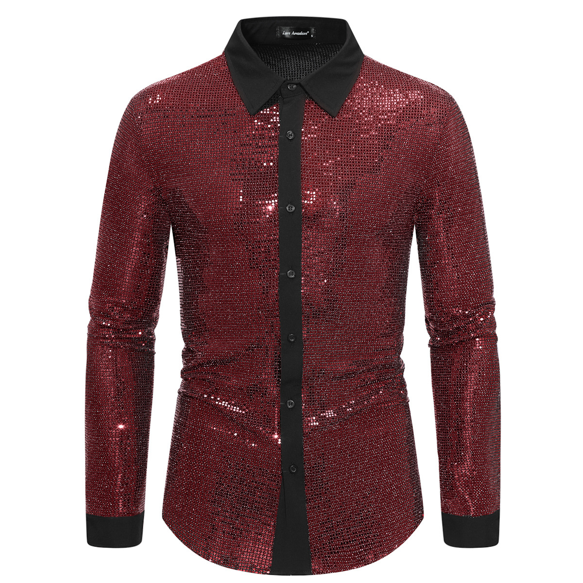 Men's fashionable shiny gold foil inlaid diamond lapel performance long sleeved shirt