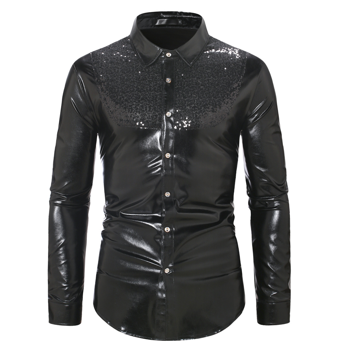 Men's fashionable shiny gold foil inlaid diamond lapel performance long sleeved shirt