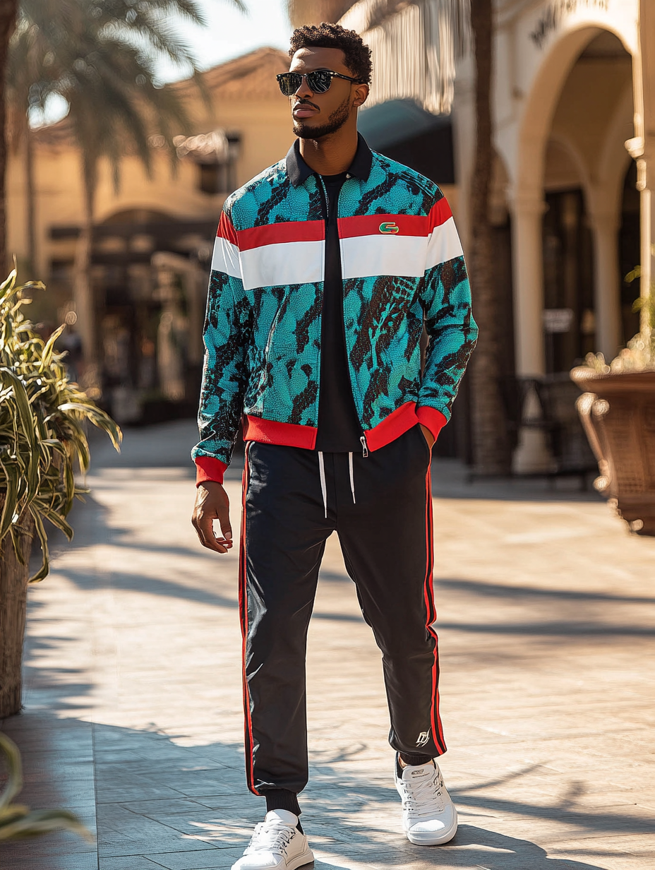 Unique design Men's fashion casual geometric print zipper jacket set