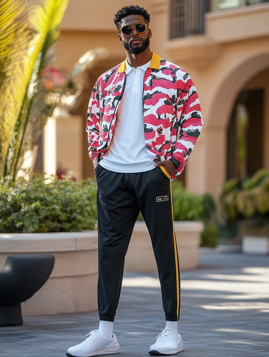 Unique design Men's fashion casual geometric print zipper jacket set