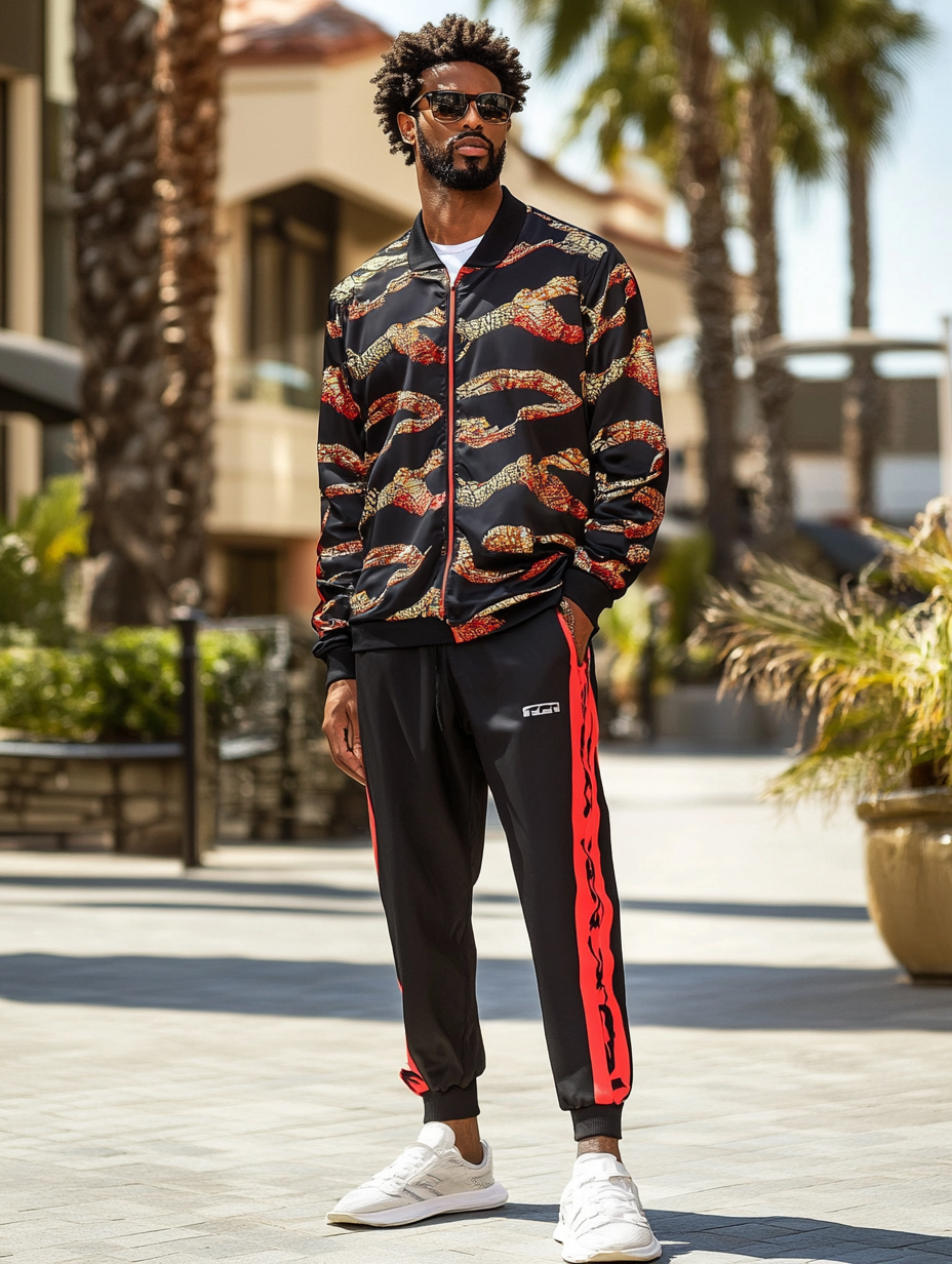 Unique design Men's fashion casual geometric print zipper jacket set