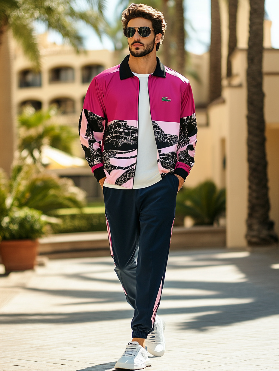 Unique design Men's fashion casual geometric print zipper jacket set