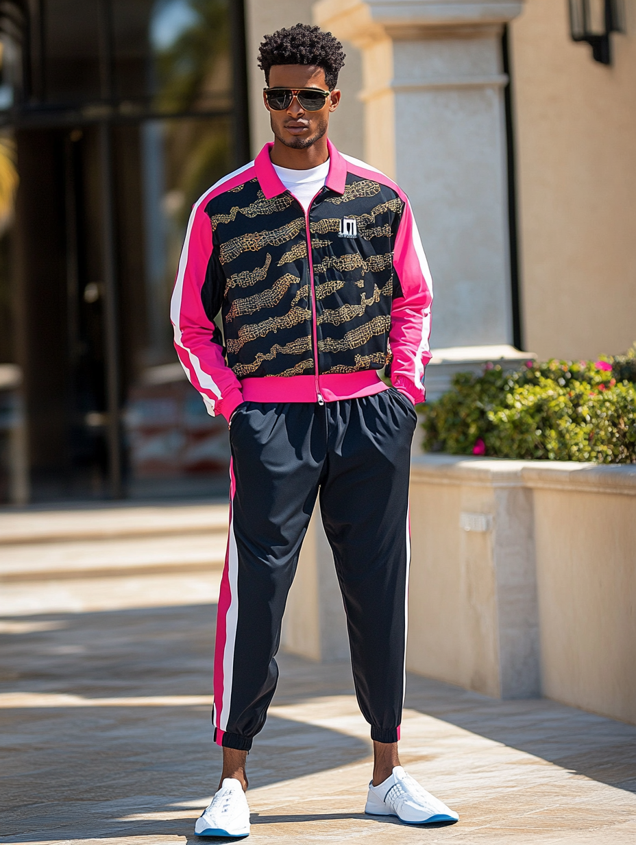 Unique design Men's fashion casual geometric print zipper jacket set