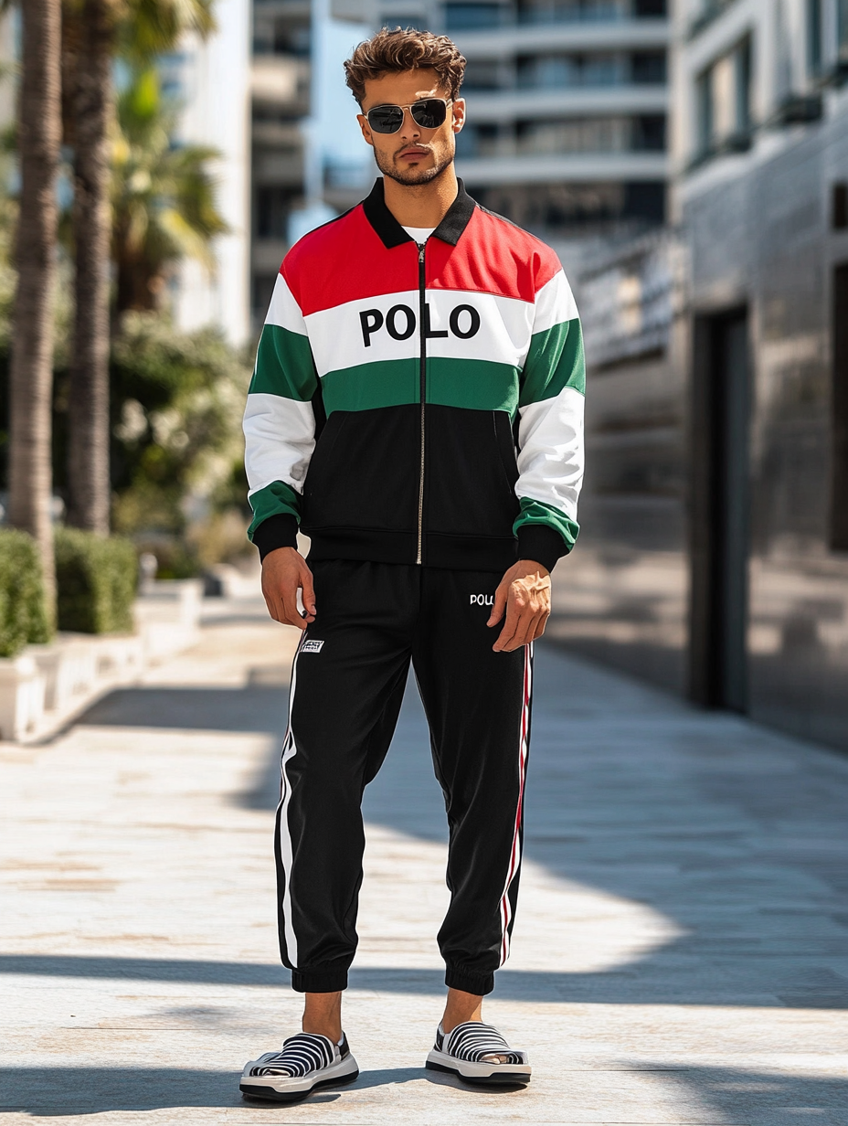 Unique design Men's fashion casual geometric print zipper jacket set