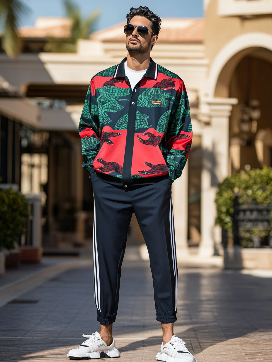 Unique design Men's fashion casual geometric print zipper jacket set