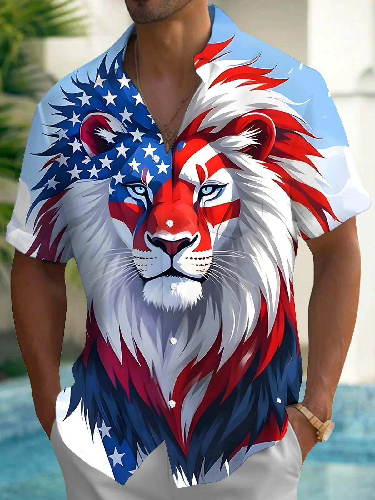 Soft High Elasticity Casual Regular Independence Day American Flag  Lion Hawaiian Shirt