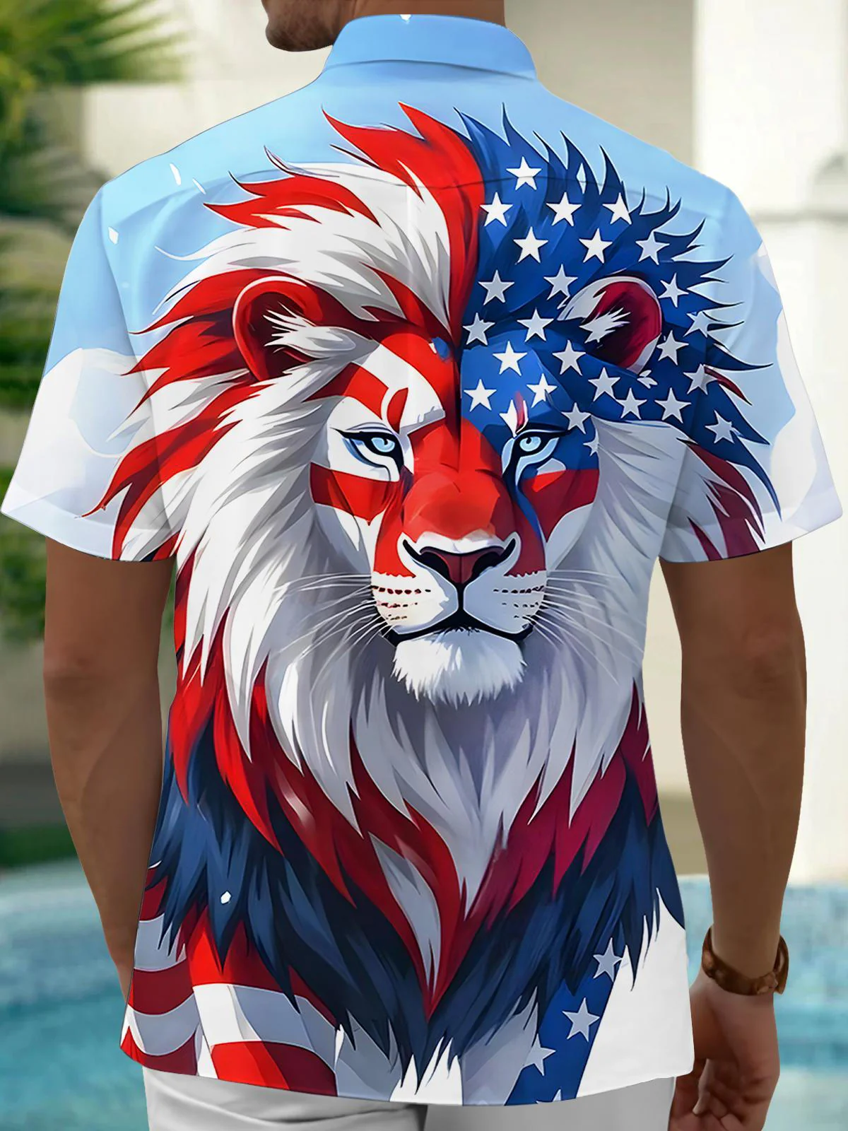 Soft High Elasticity Casual Regular Independence Day American Flag Lion Hawaiian Shirt