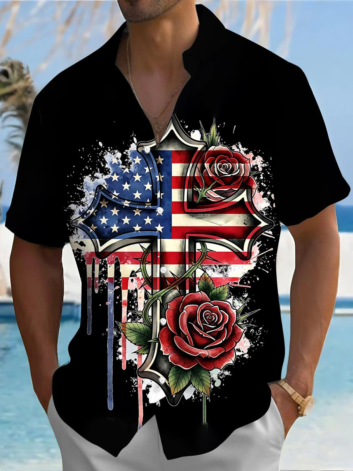 Soft High Elasticity Casual Regular Independence Day American Flag  Hawaiian Shirt