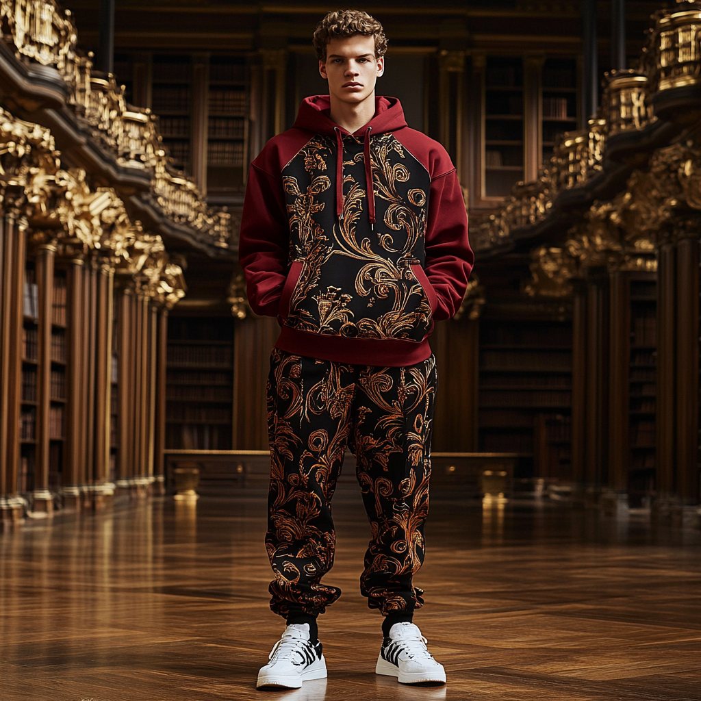 Unique design Men's fashion casual geometric print hoodie set