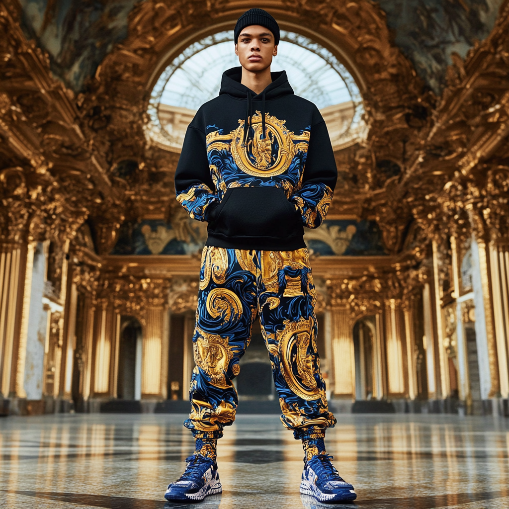 Unique design Men's fashion casual geometric print hoodie set