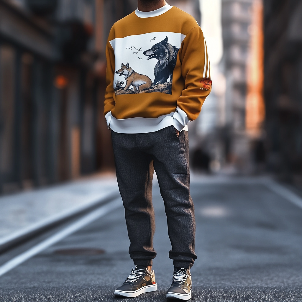 Unique design Men's fashion casual geometric print hoodie set