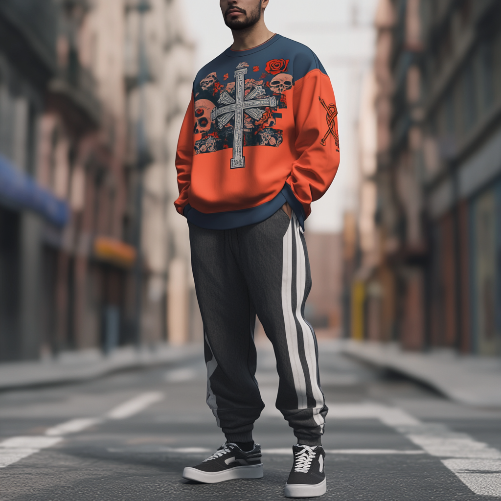 Unique design Men's fashion casual geometric print hoodie set