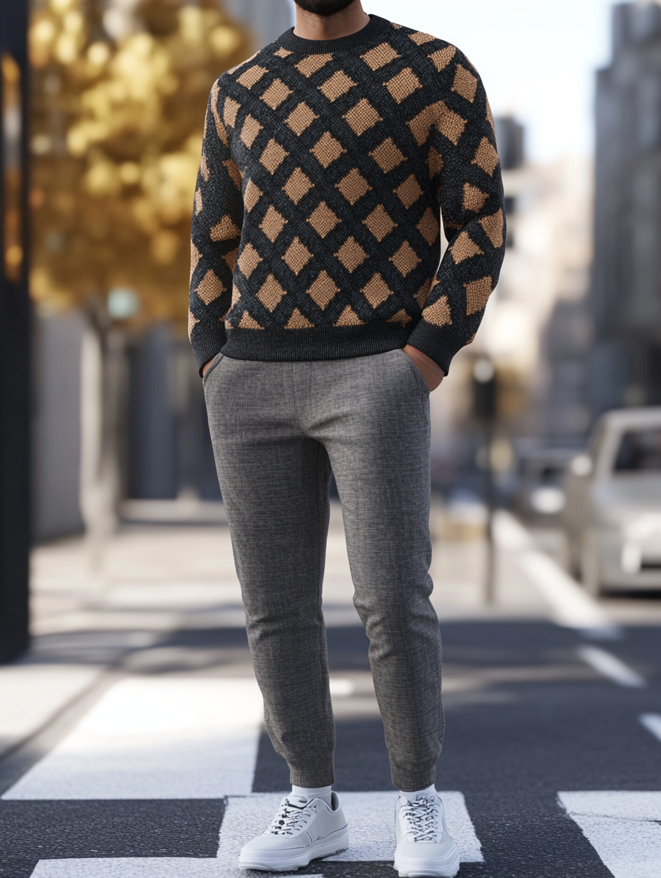 Unique design Men's fashion casual geometric print hoodie set