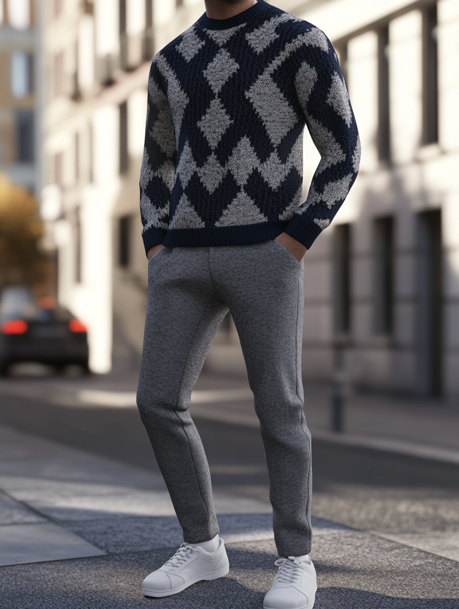 Unique design Men's fashion casual geometric print hoodie set