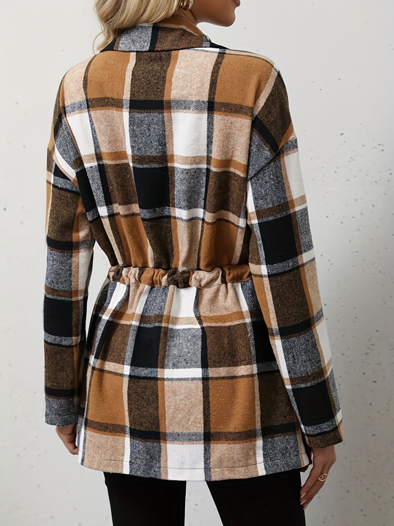 plaid pattern drawstring coat elegant button front long sleeve outerwear womens clothing details 2