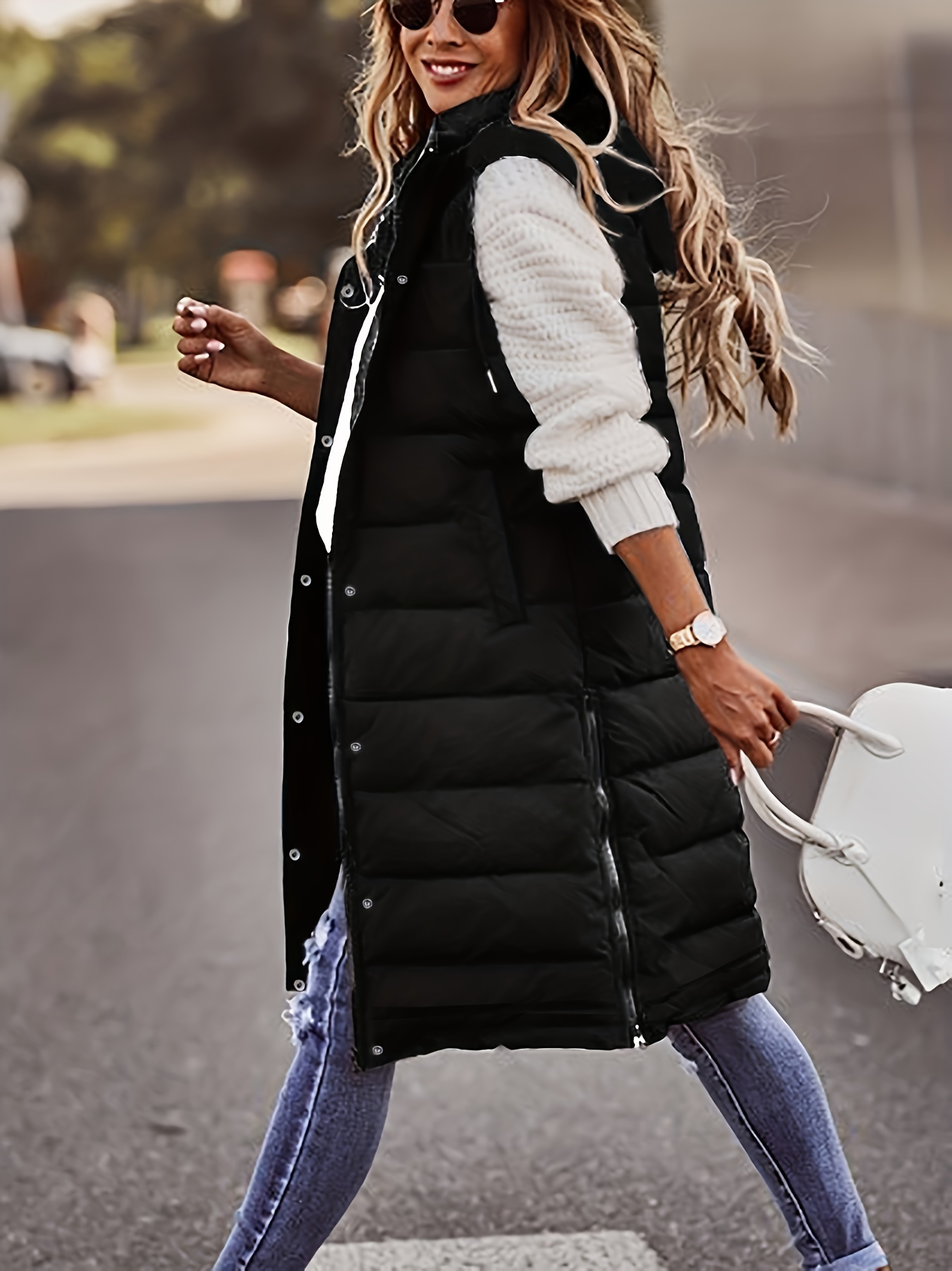 hooded sleeveless coat casual long length versatile winter warm outerwear womens clothing details 1