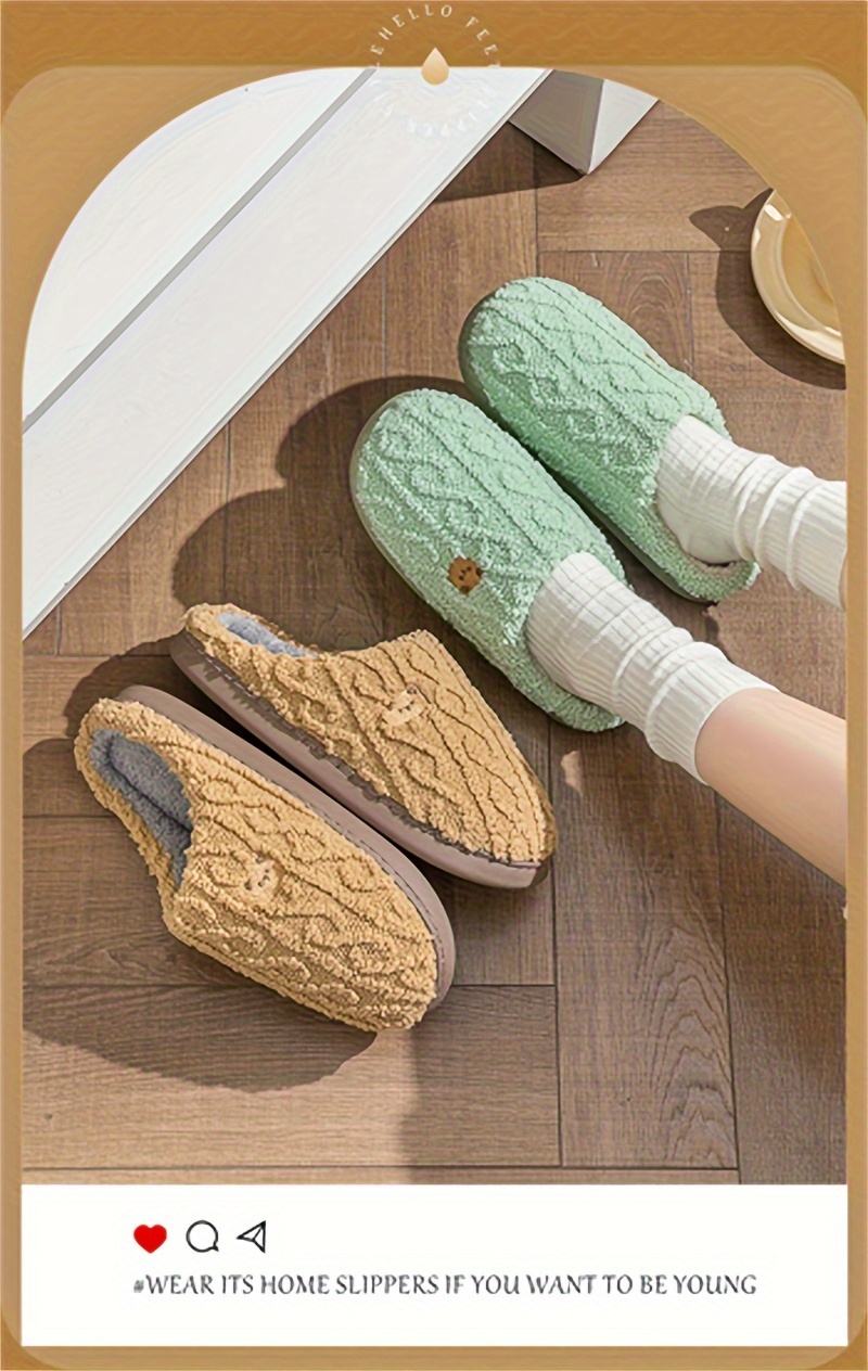 solid color home warm slippers slip on soft sole flat non slip fuzzy shoes winter plush cozy slides shoes details 7