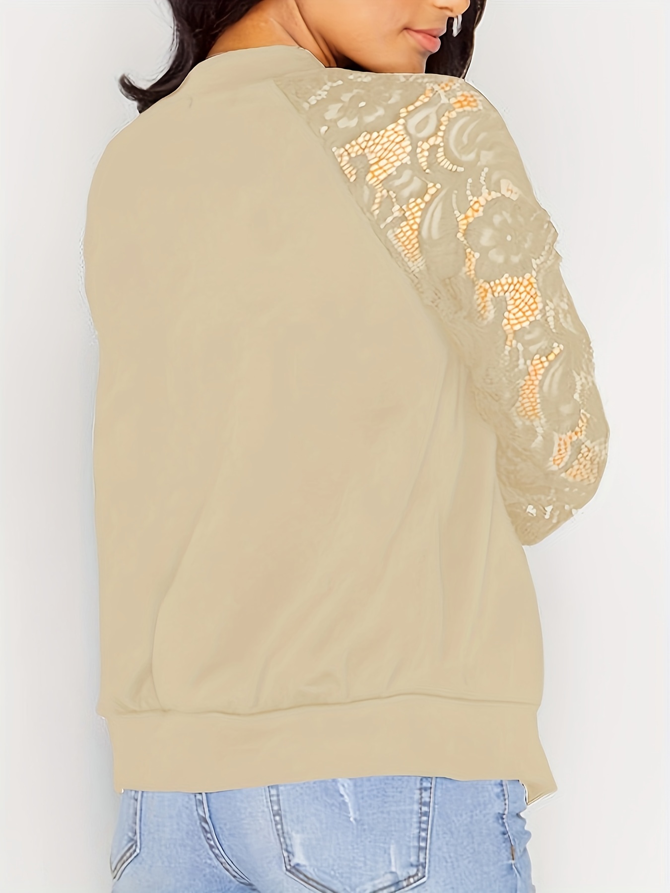 zip up lace panel jacket casual long sleeve jacket womens clothing details 7