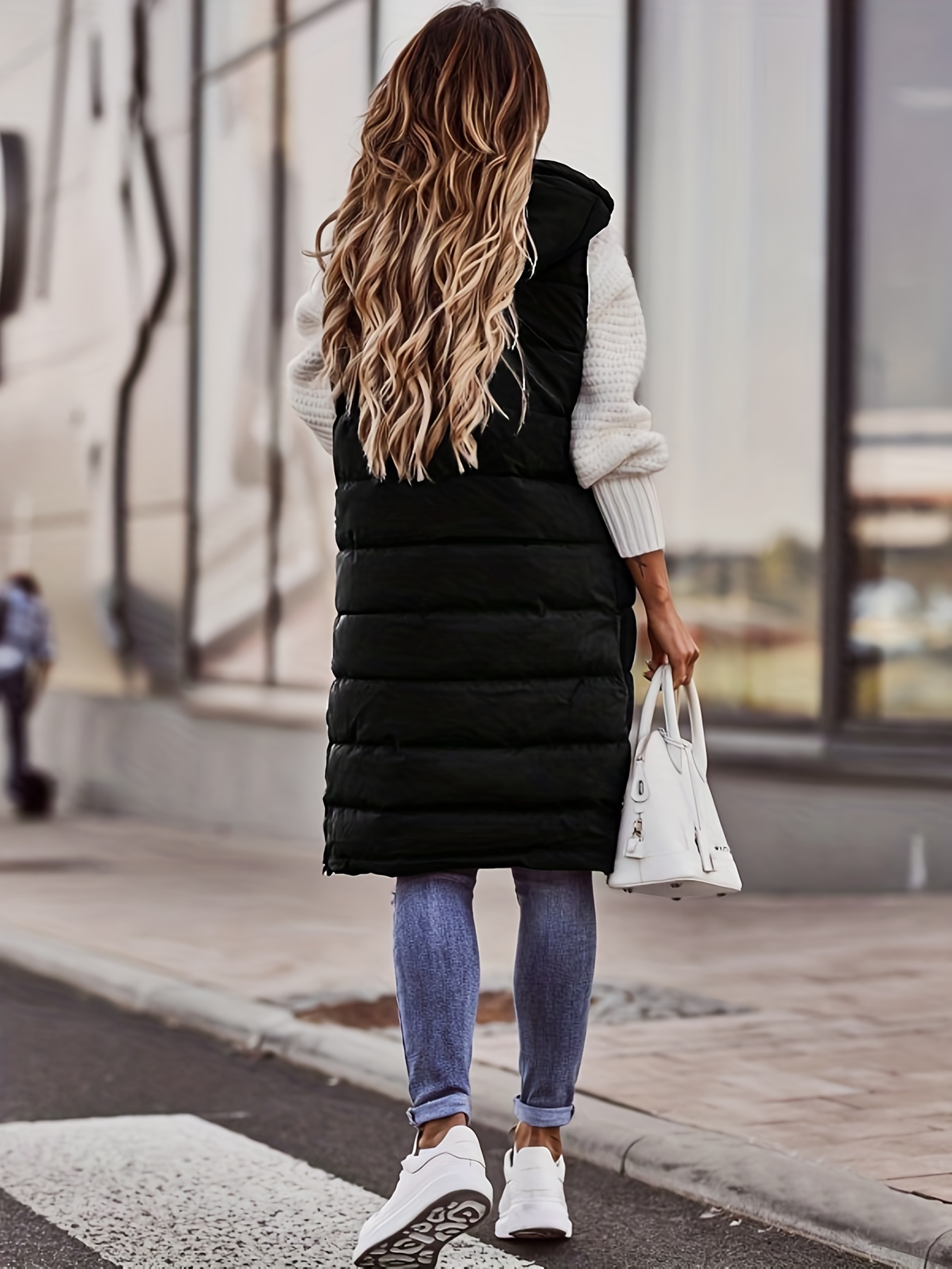 hooded sleeveless coat casual long length versatile winter warm outerwear womens clothing details 3