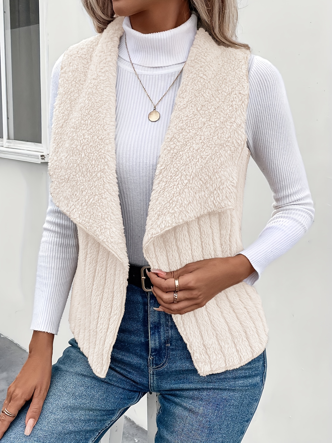 solid lapel open front vest versatile sleeveless outwear for fall winter womens clothing details 2