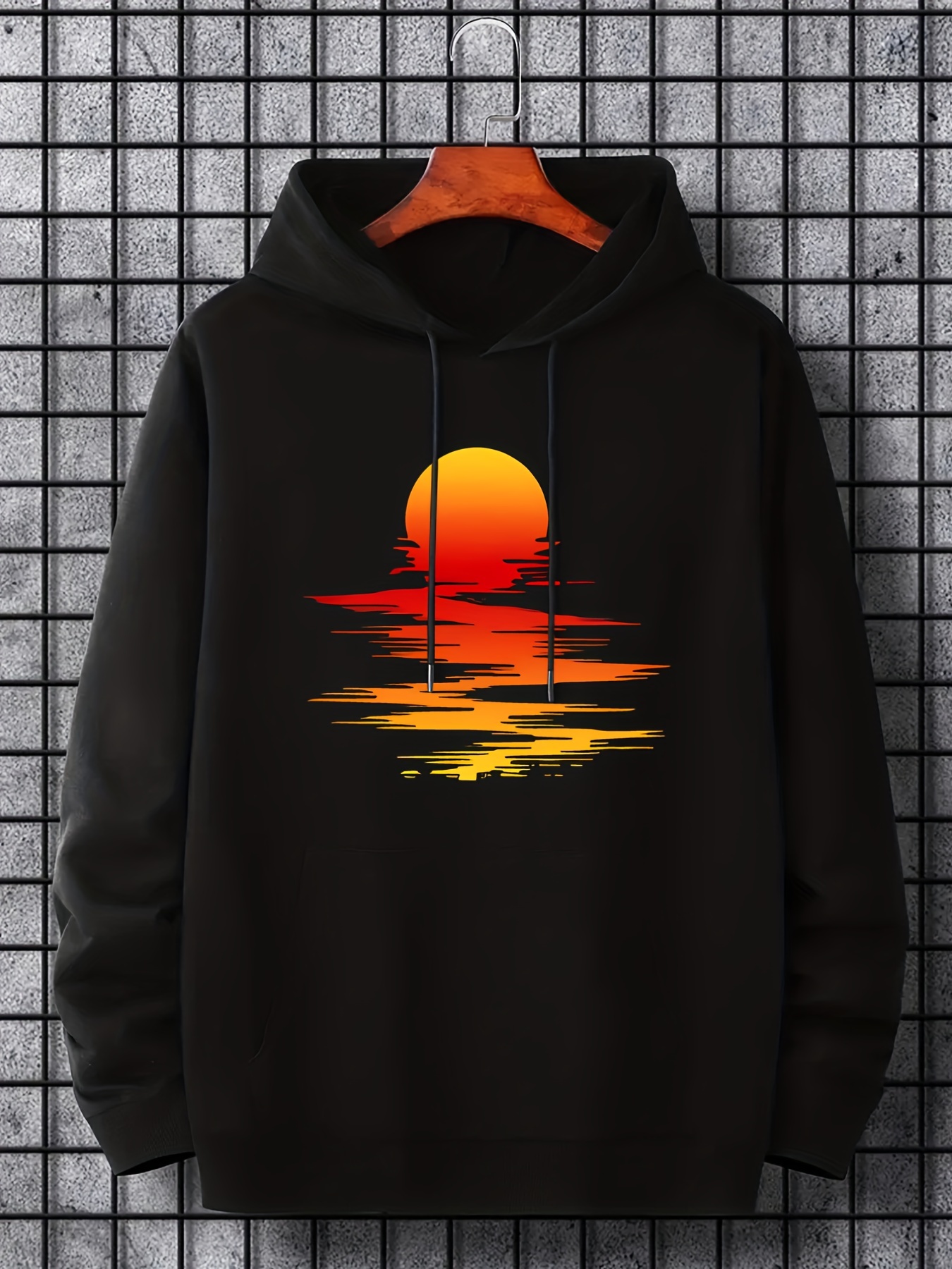 sunset print hoodie cool hoodies for men mens casual graphic design pullover hooded sweatshirt with kangaroo pocket streetwear for winter fall as gifts details 30