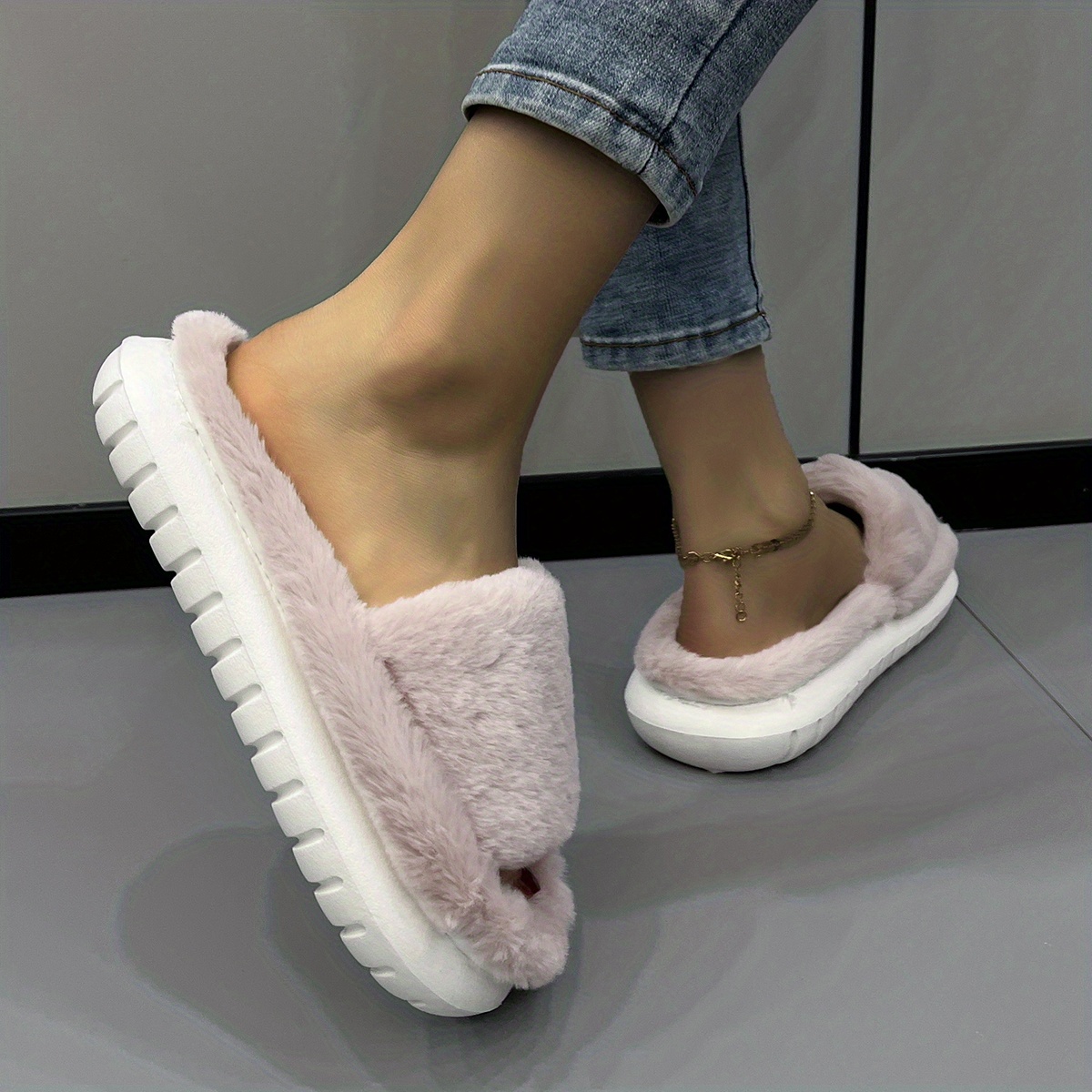 womens fuzzy plush platform slippers comfy open toe non slip bedroom shoes indoor outdoor shoes details 4