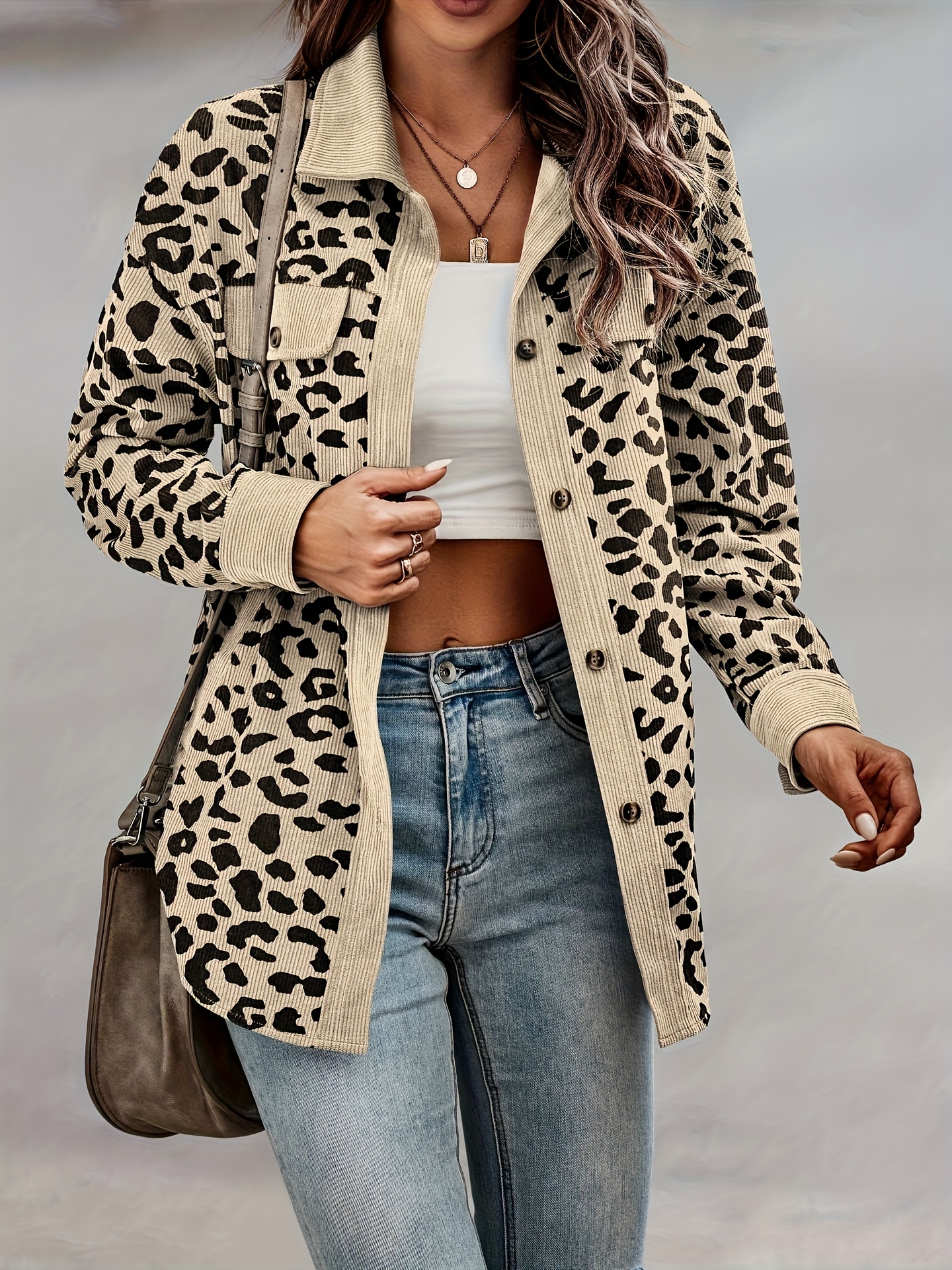 leopard print button front jacket casual long sleeve jacket for fall winter womens clothing details 45
