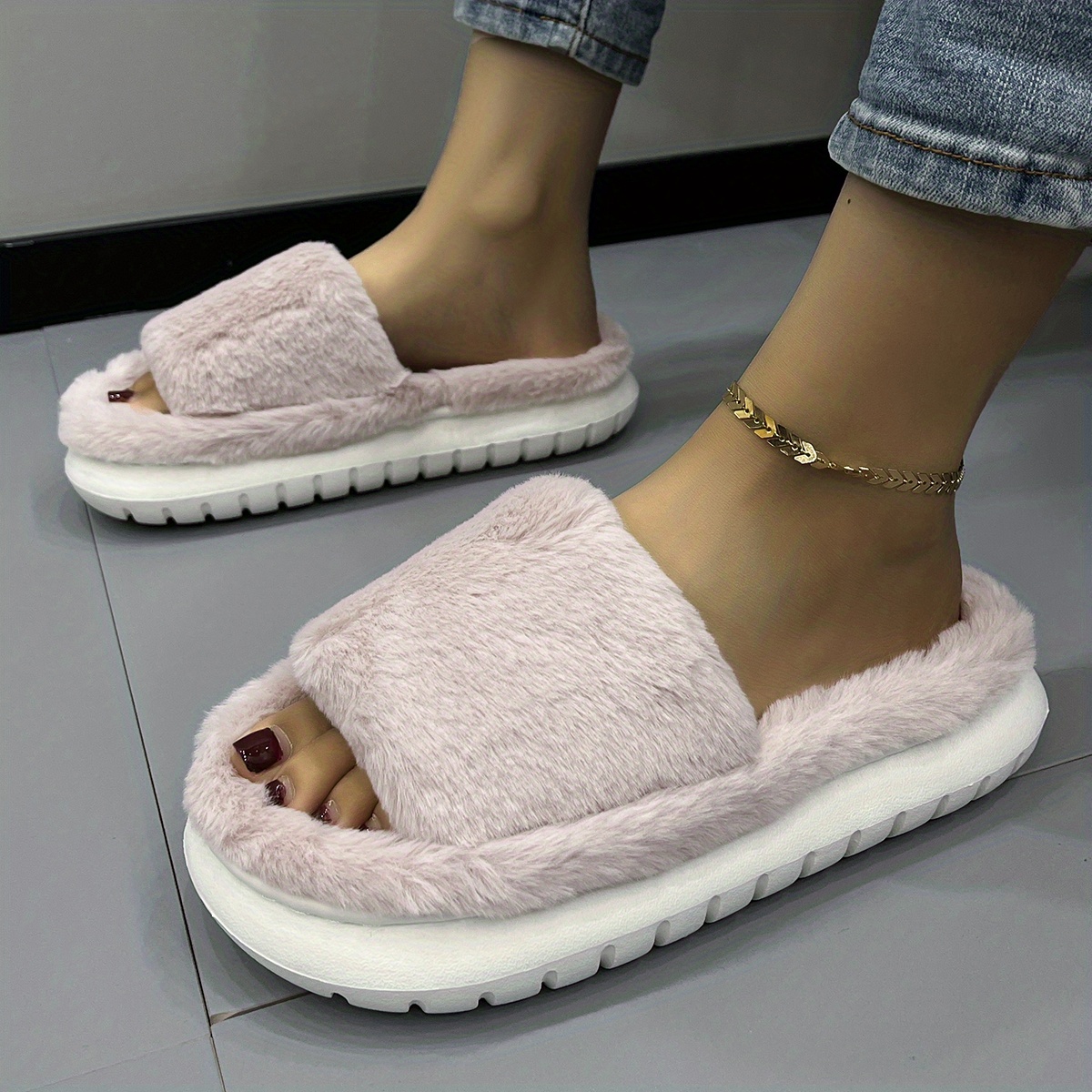 womens fuzzy plush platform slippers comfy open toe non slip bedroom shoes indoor outdoor shoes details 7