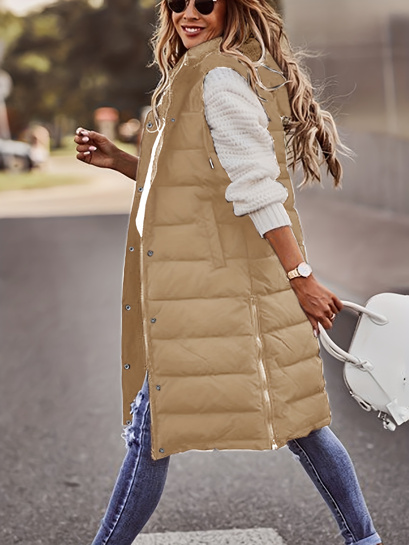 hooded sleeveless coat casual long length versatile winter warm outerwear womens clothing details 6