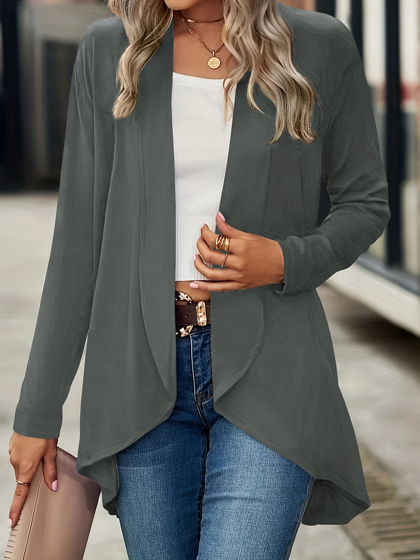 casual open front solid cardigan long sleeve cardigan for spring fall womens clothing details 21