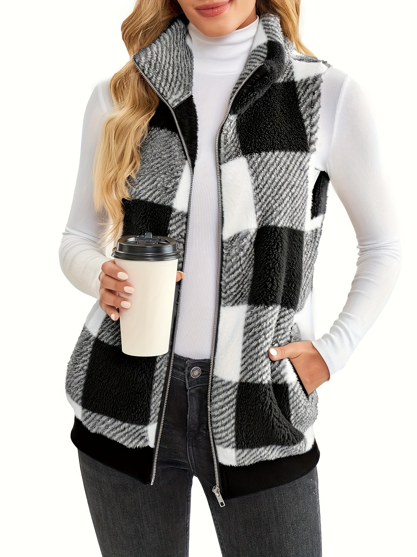 plaid stand collar teddy vest casual zip up sleeveless vest womens clothing details 15