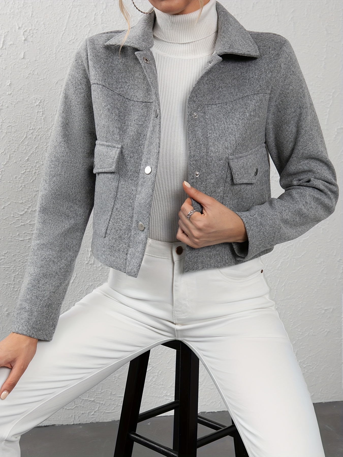 solid button front lapel neck jacket casual long sleeve outerwear for spring fall womens clothing details 6