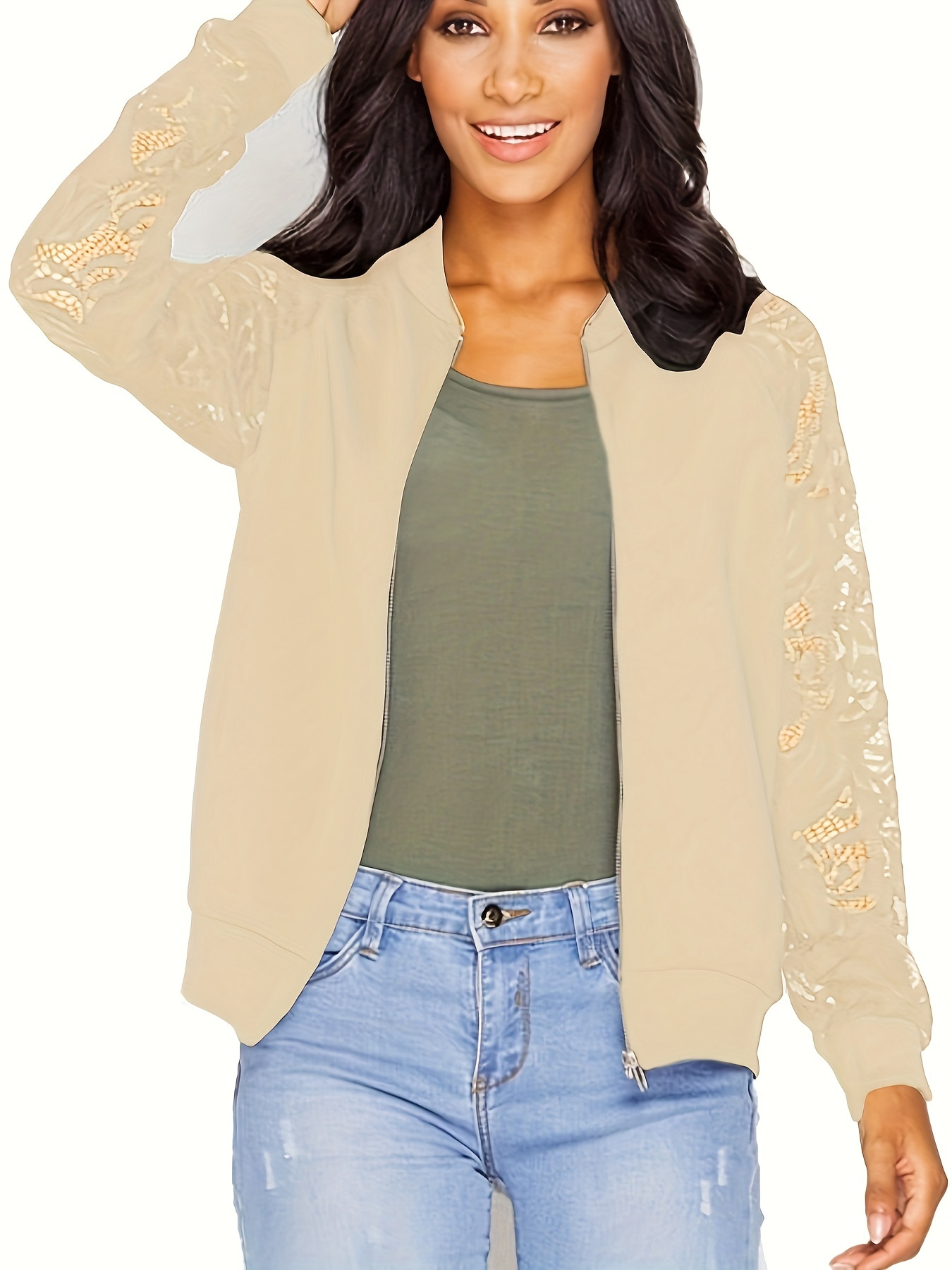 zip up lace panel jacket casual long sleeve jacket womens clothing details 6