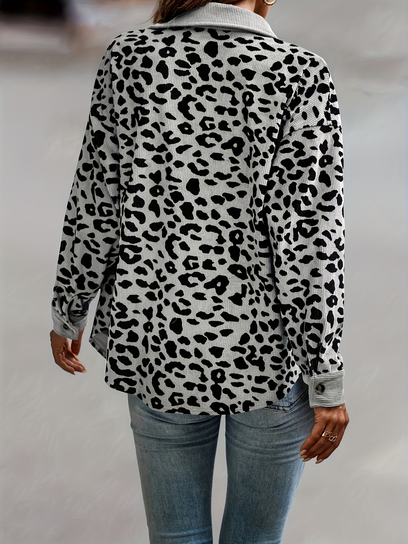 leopard print button front jacket casual long sleeve jacket for fall winter womens clothing details 26