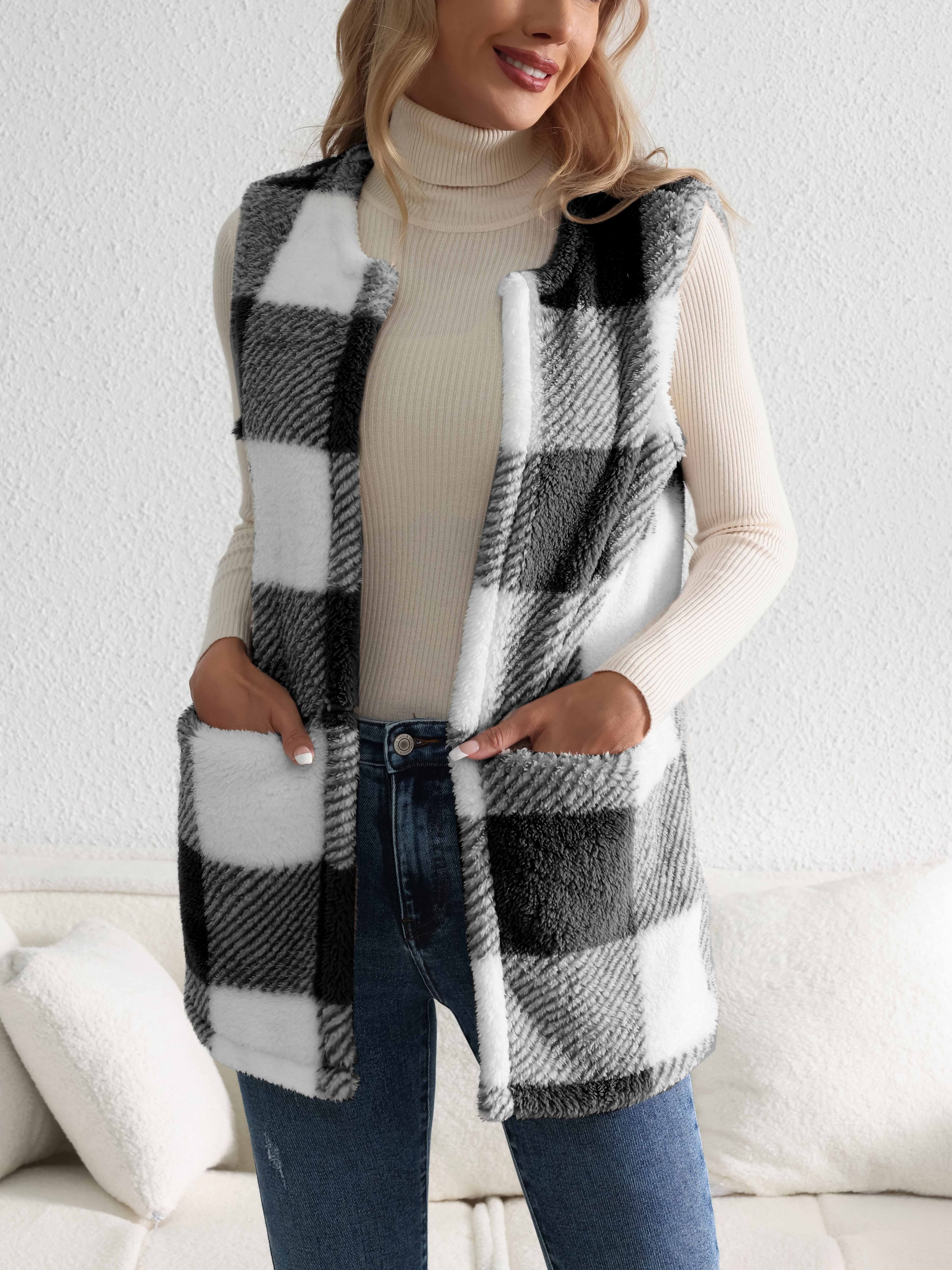 plaid open front teddy vest casual sleeveless winter vest with pocket womens clothing details 13