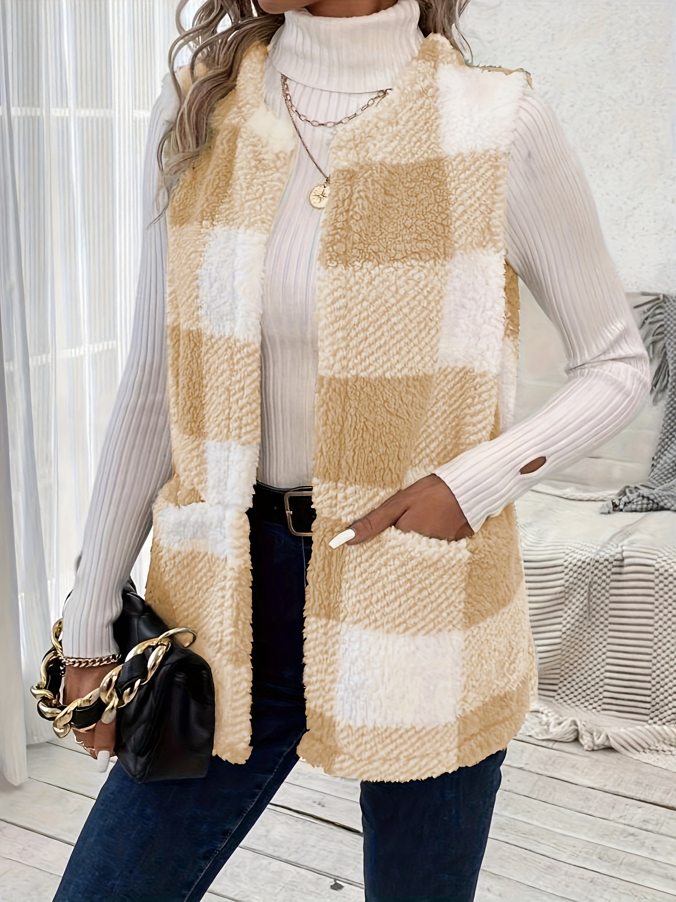 plaid open front teddy vest casual sleeveless winter vest with pocket womens clothing details 19