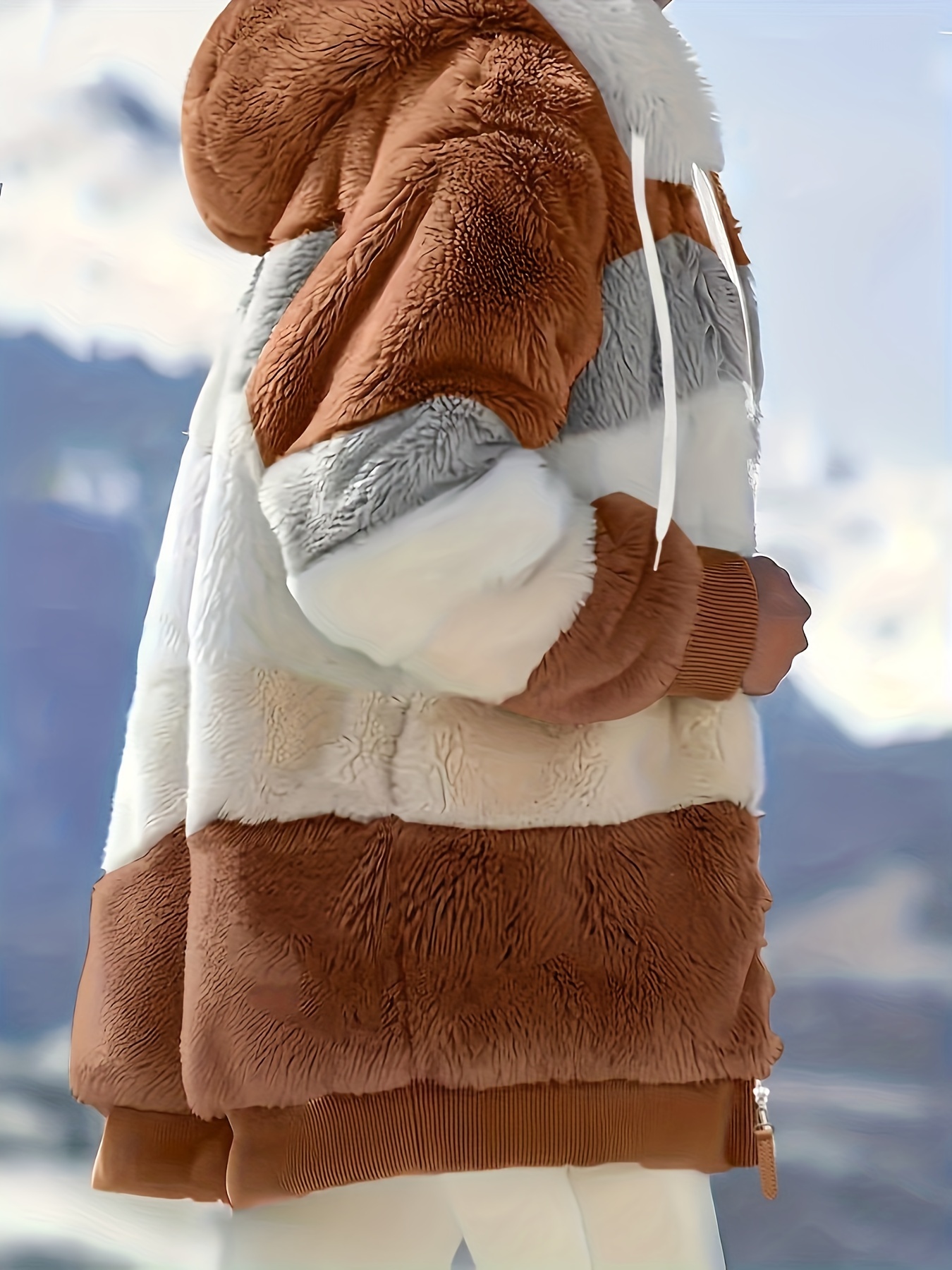 color block hooded teddy coat casual zip up long sleeve winter warm outerwear womens clothing details 14