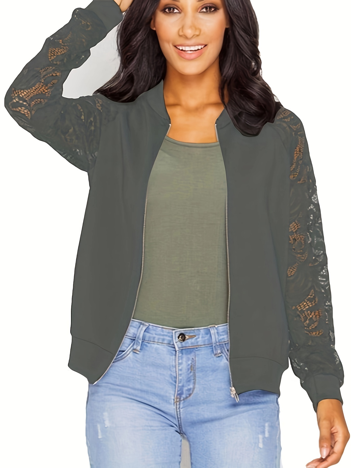 zip up lace panel jacket casual long sleeve jacket womens clothing details 3